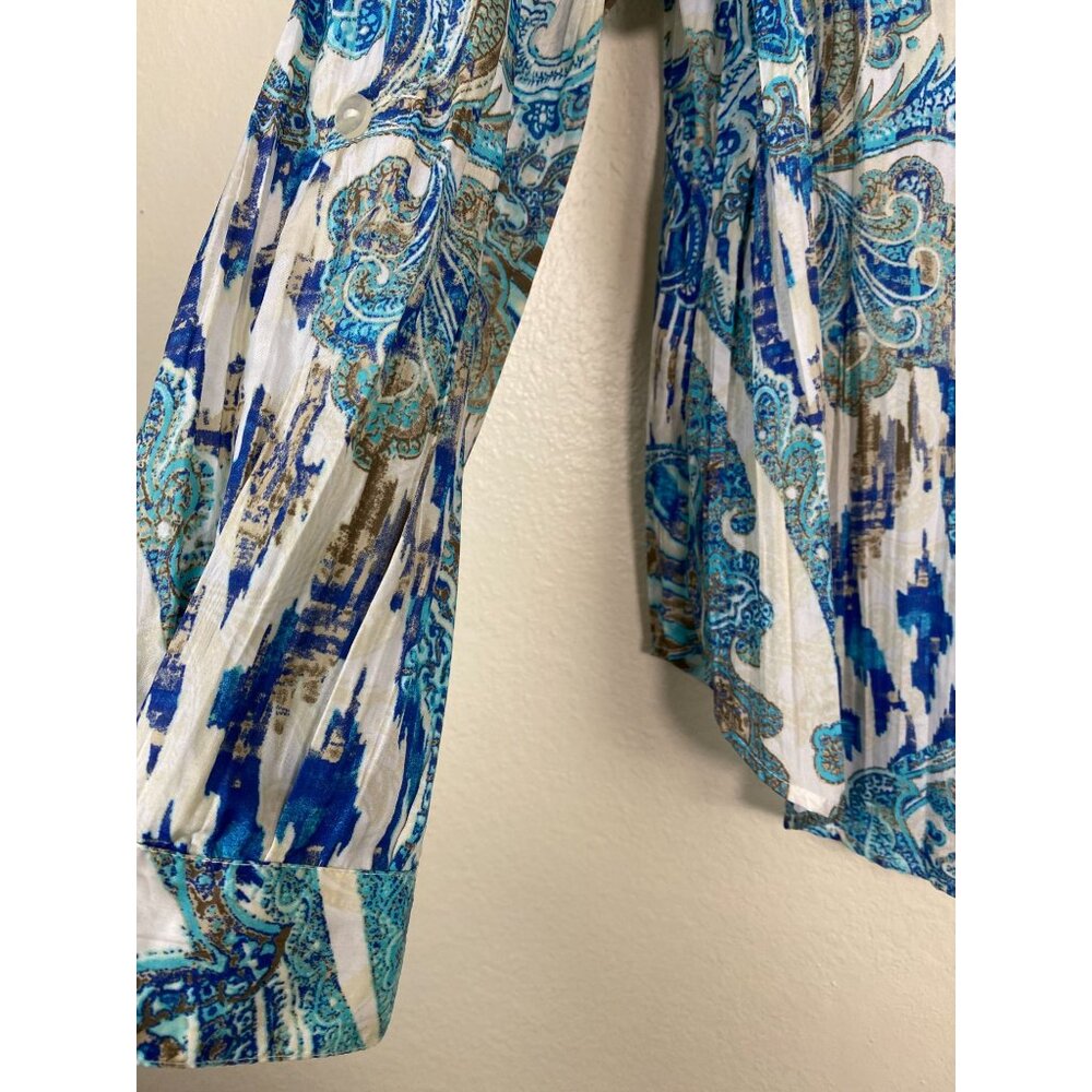 Chicos 2 Womens Paisley Button Up Top Size Large Crinkle Western Boho Blue Artsy - Picture 12 of 15